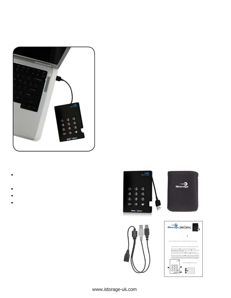 About the istorage diskashur secure hard drive, Package contents, Istorage diskashur drive with | Integrated usb cable travel pouch, Usb y-cable, Quick start guide, Cancel, Wxyz, Pqrs | iStorage diskAshur Manual User Manual | Page 4 / 21