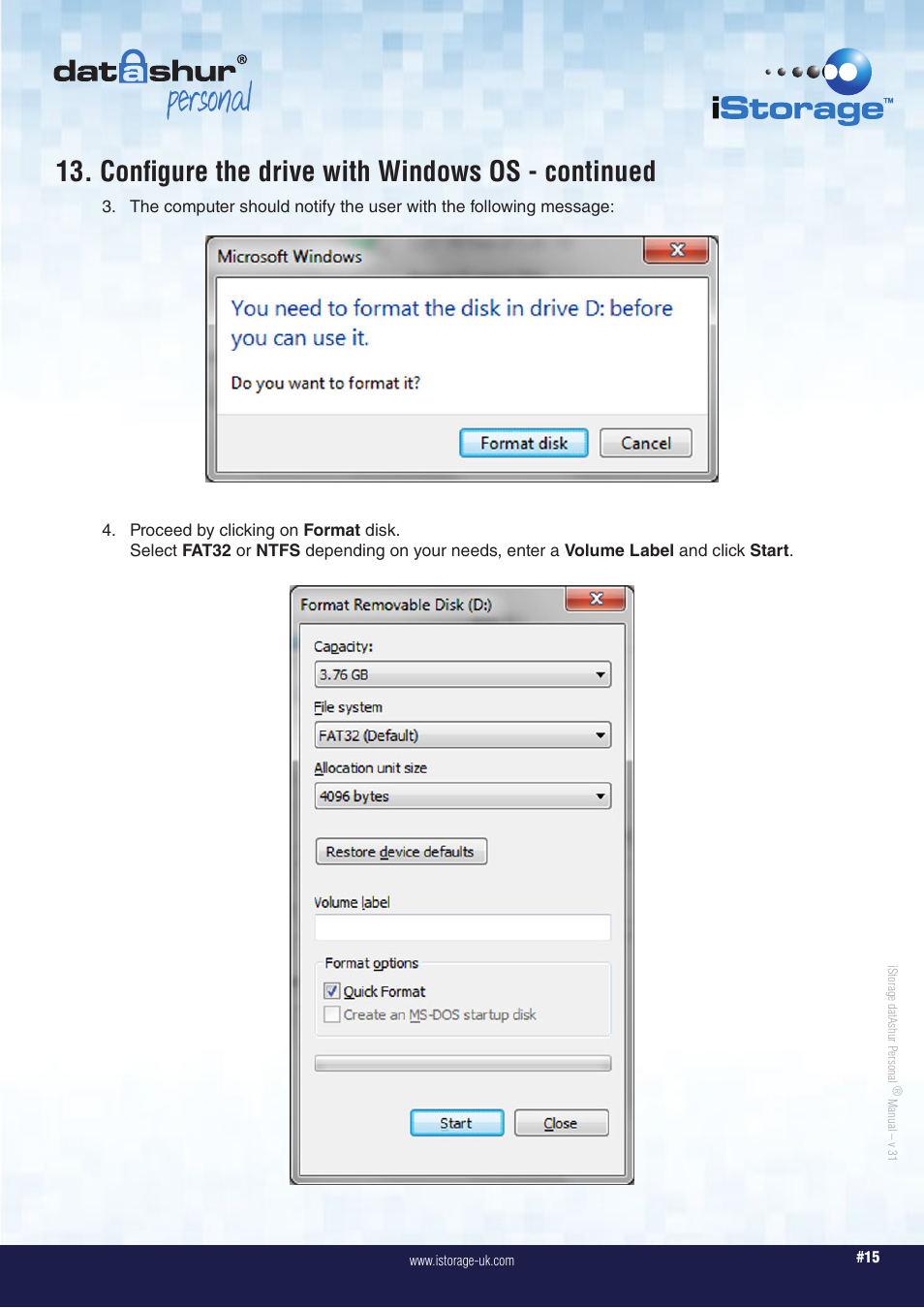 Personal, Configure the drive with windows os - continued | iStorage datAshur Personal Manual User Manual | Page 15 / 28