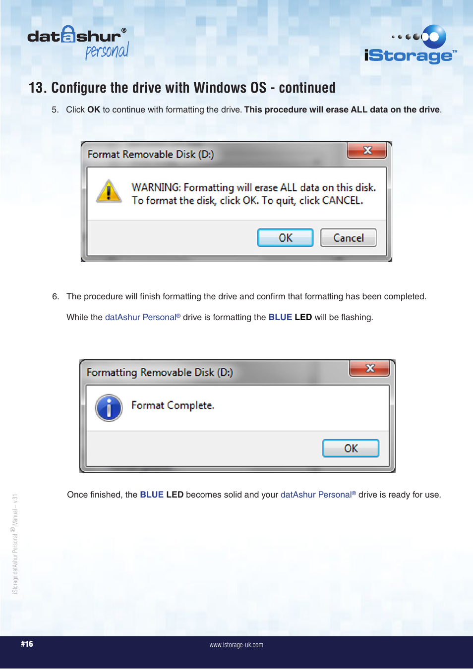 Personal, Configure the drive with windows os - continued | iStorage datAshur Personal Manual User Manual | Page 16 / 28