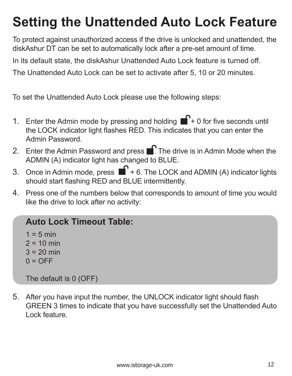 Setting the unattended auto lock feature | iStorage diskAshurDT Manual User Manual | Page 12 / 21