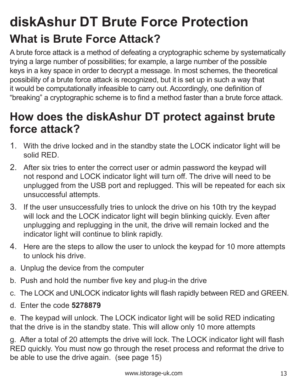 Diskashur dt brute force protection, What is brute force attack | iStorage diskAshurDT Manual User Manual | Page 13 / 21