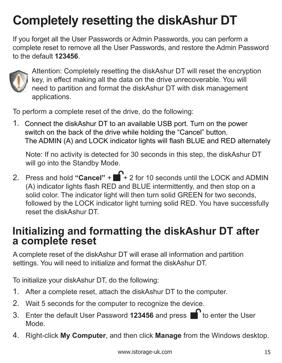 Completely resetting the diskashur dt | iStorage diskAshurDT Manual User Manual | Page 15 / 21