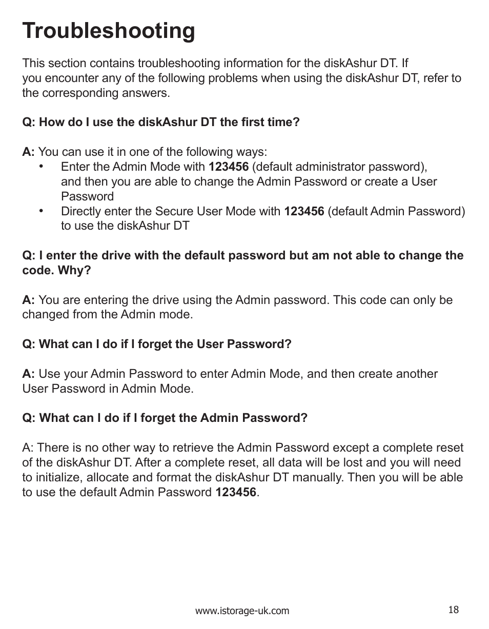 Troubleshooting | iStorage diskAshurDT Manual User Manual | Page 18 / 21