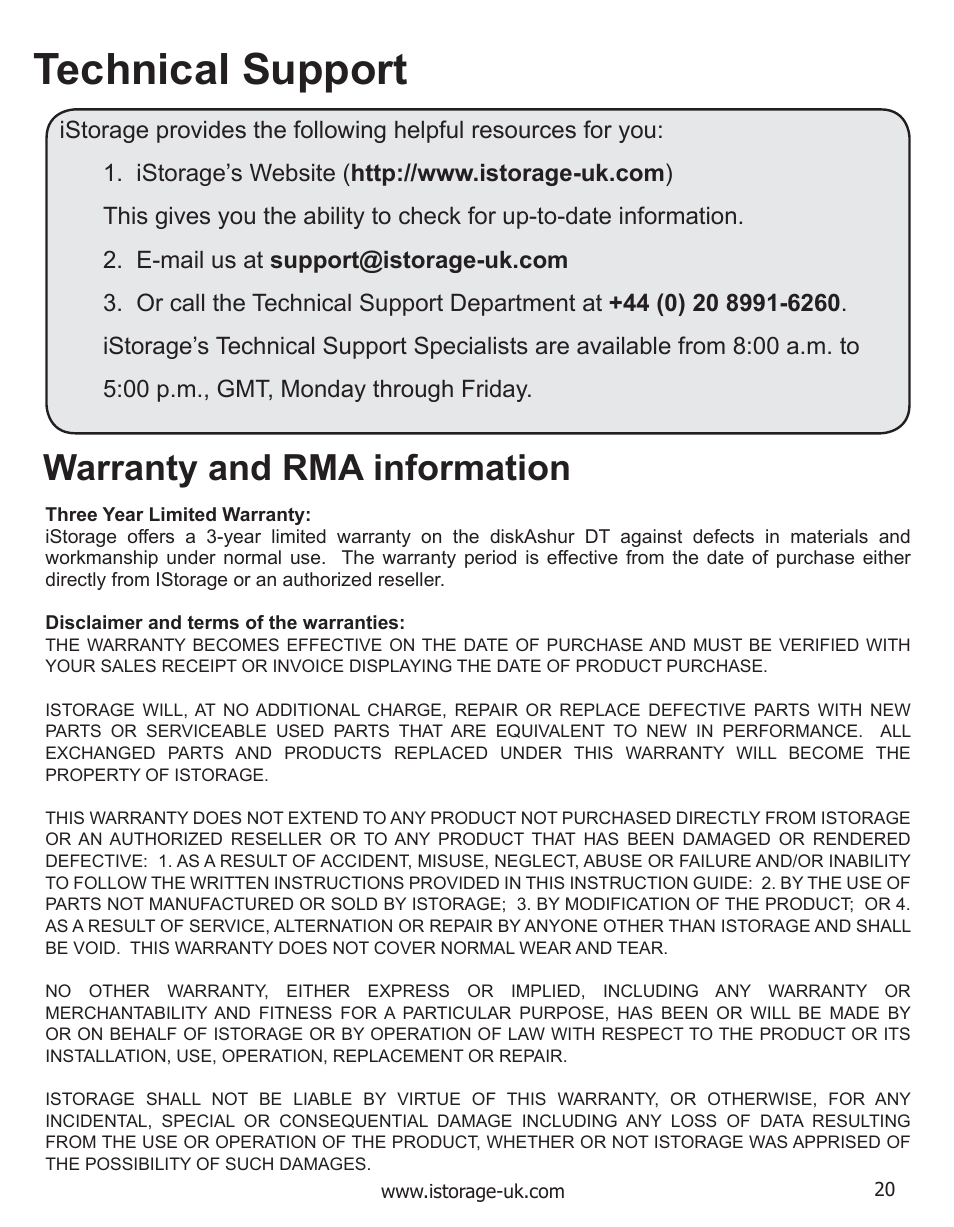 Technical support, Warranty and rma information | iStorage diskAshurDT Manual User Manual | Page 20 / 21