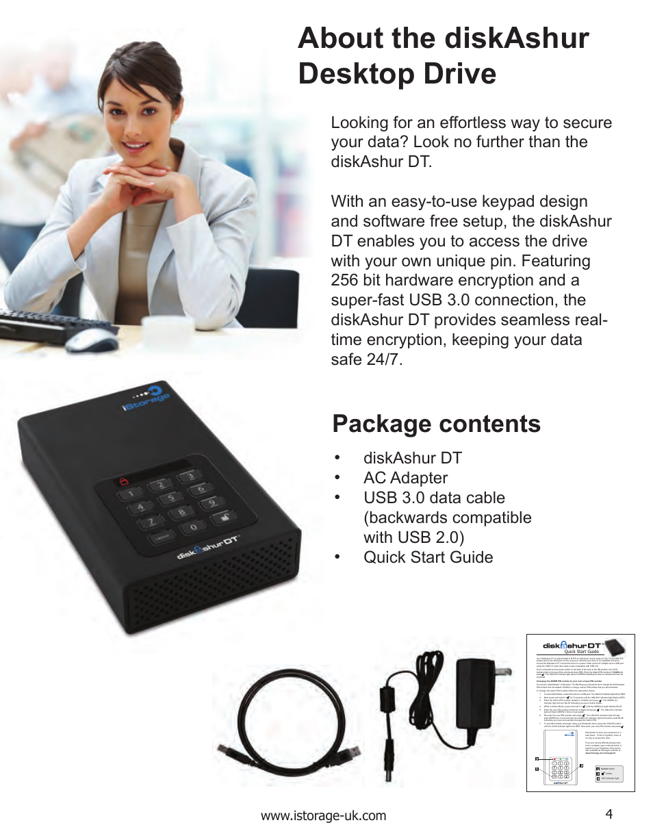 About the diskashur desktop drive, Package contents, Ac adapter | Usb 3.0 data cable | iStorage diskAshurDT Manual User Manual | Page 4 / 21