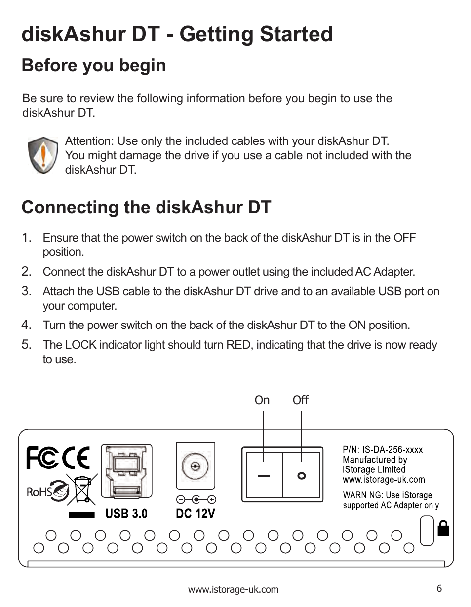 Diskashur dt - getting started, Before you begin, Connecting the diskashur dt | iStorage diskAshurDT Manual User Manual | Page 6 / 21
