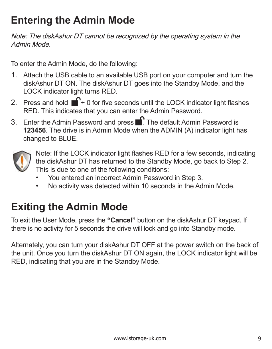 Entering the admin mode, Exiting the admin mode | iStorage diskAshurDT Manual User Manual | Page 9 / 21