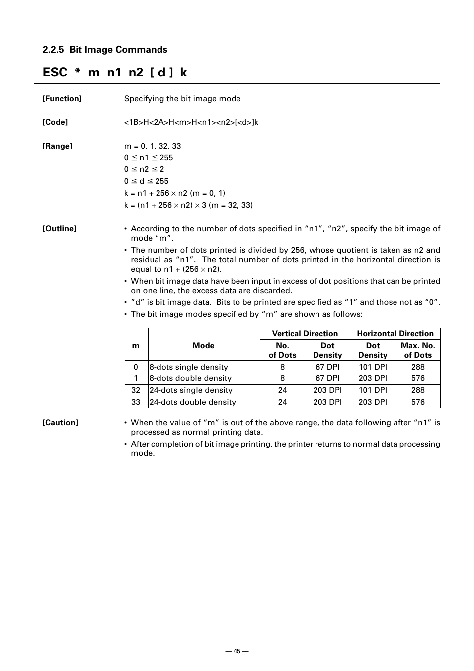 5 bit image commands, Esc * m n1 n2 [ d ] k | CITIZEN CT-S300 User Manual | Page 50 / 158