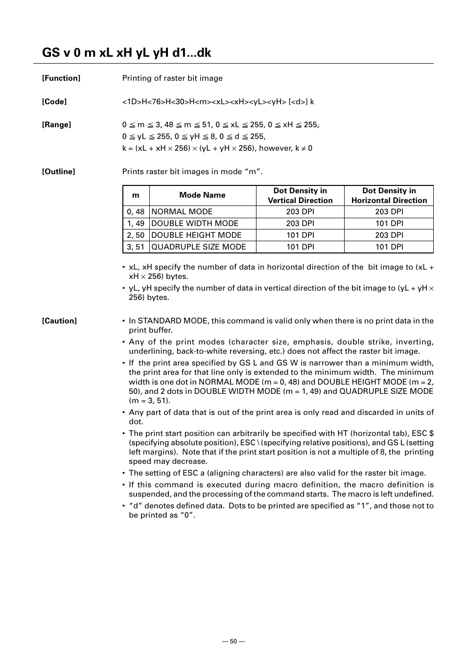 Gs v 0 m xl xh yl yh d1...dk | CITIZEN CT-S300 User Manual | Page 55 / 158