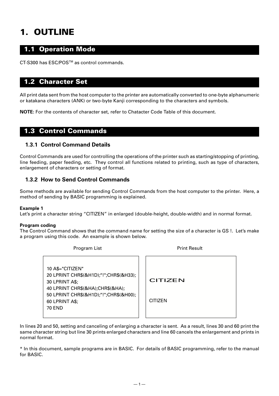Outline, 1 operation mode, 2 character set | 3 control commands, 1 control command details, 2 how to send control commands | CITIZEN CT-S300 User Manual | Page 6 / 158