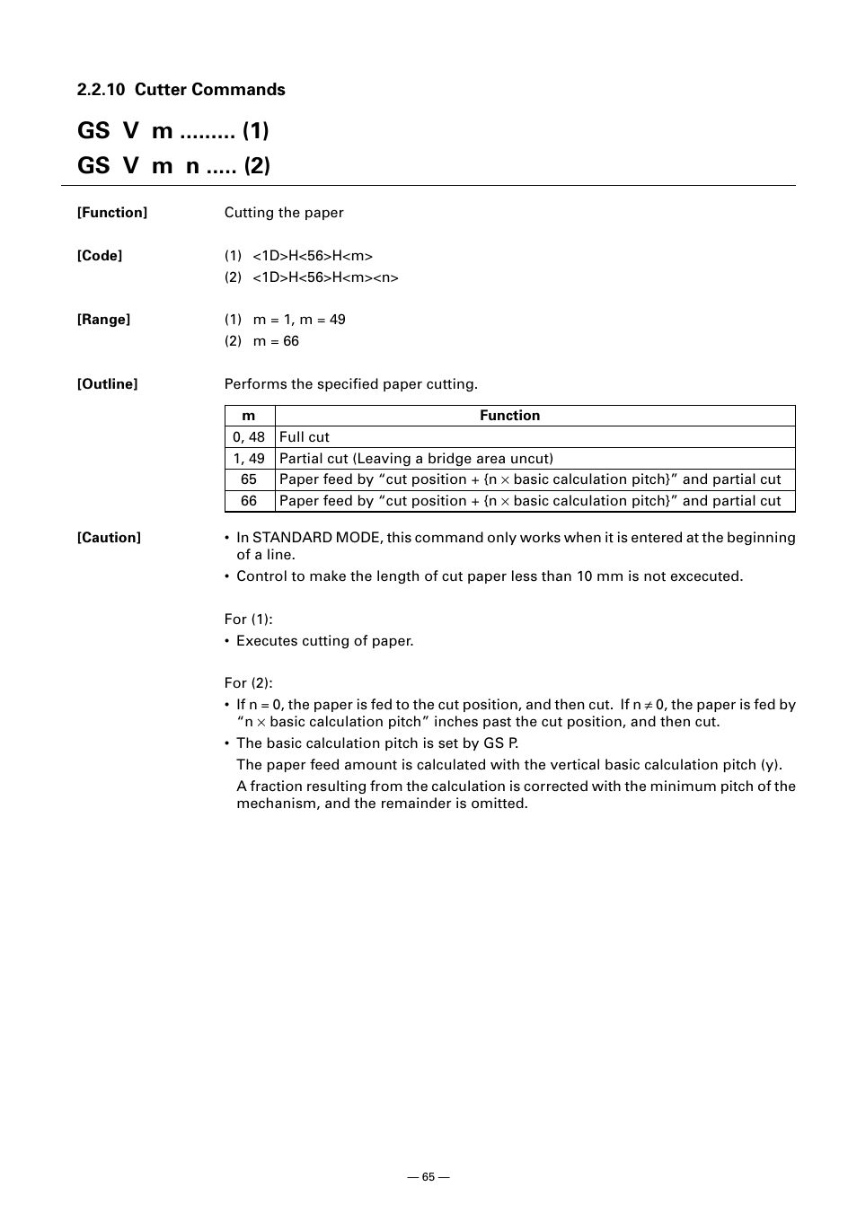 10 cutter commands, Gs v m ......... (1) gs v m n ..... (2) | CITIZEN CT-S300 User Manual | Page 70 / 158