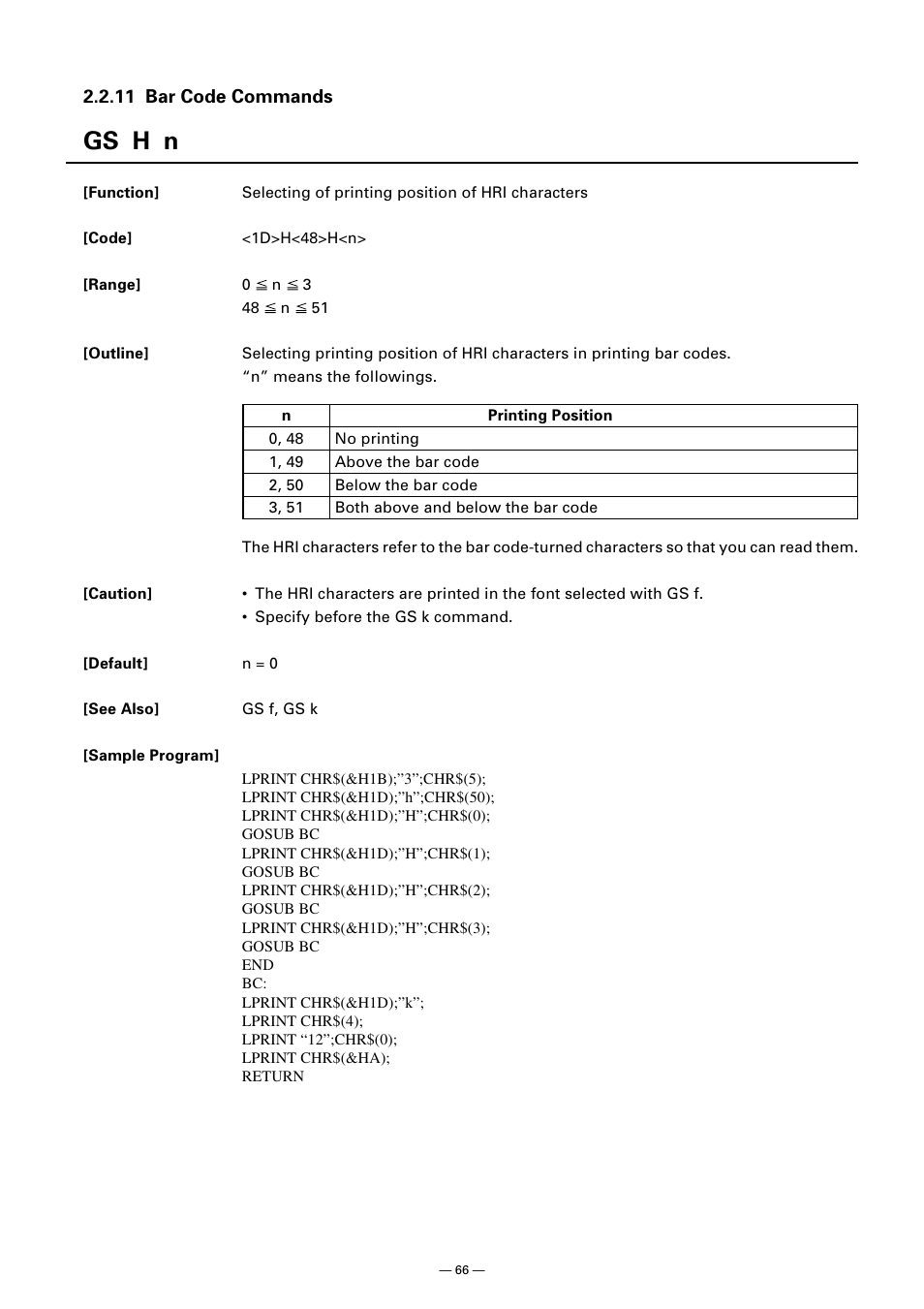 11 bar code commands, Gs h n | CITIZEN CT-S300 User Manual | Page 71 / 158