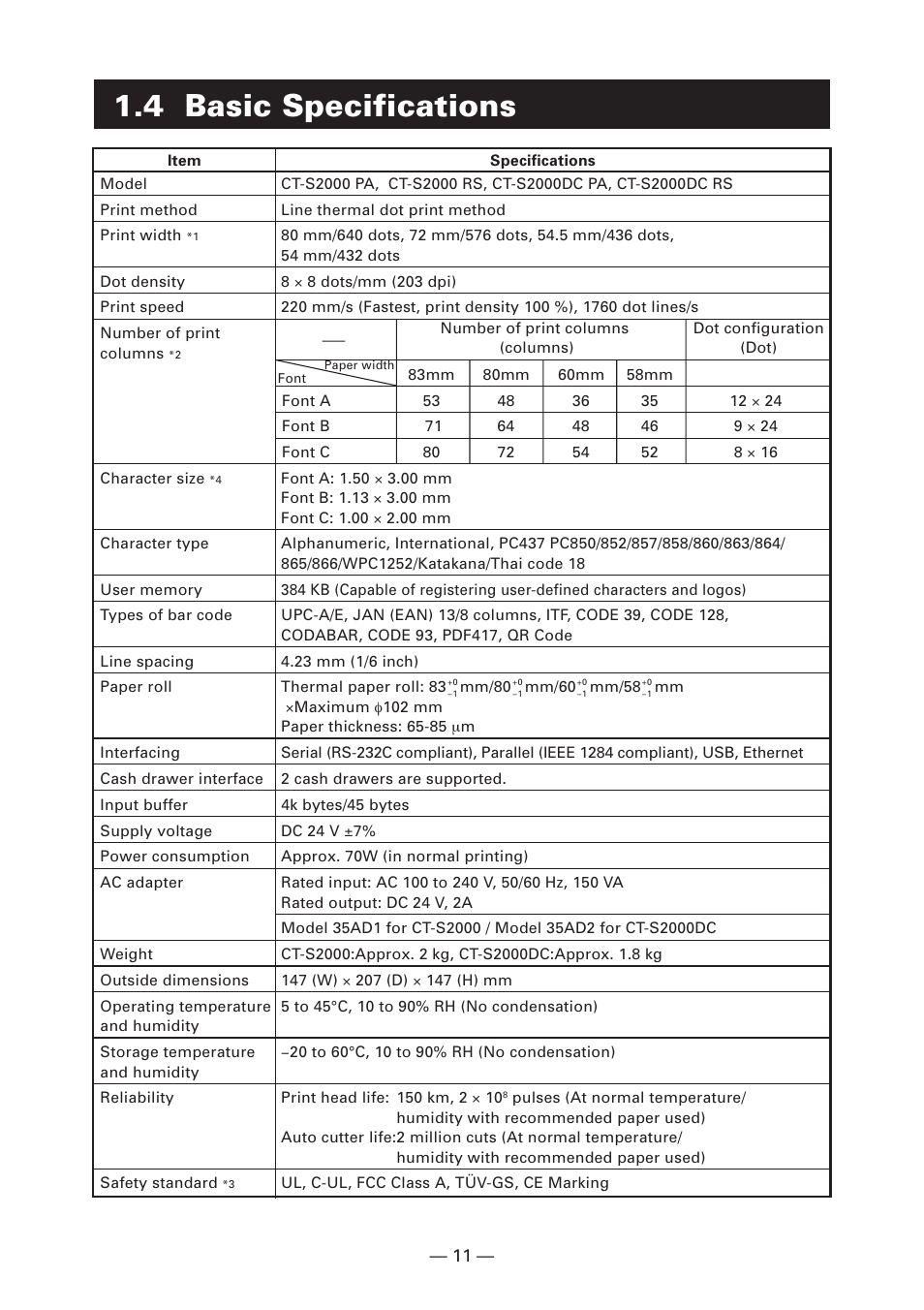 4 basic specifications | CITIZEN CT-S2000 User Manual | Page 14 / 36