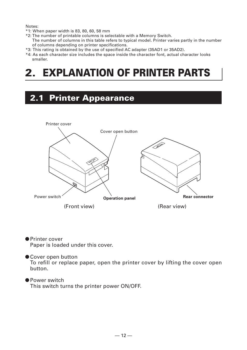 Explanation of printer parts, 1 printer appearance | CITIZEN CT-S2000 User Manual | Page 15 / 36