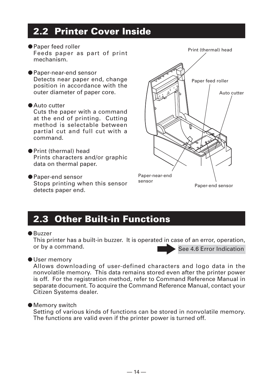 2 printer cover inside, 3 other built-in functions | CITIZEN CT-S2000 User Manual | Page 17 / 36