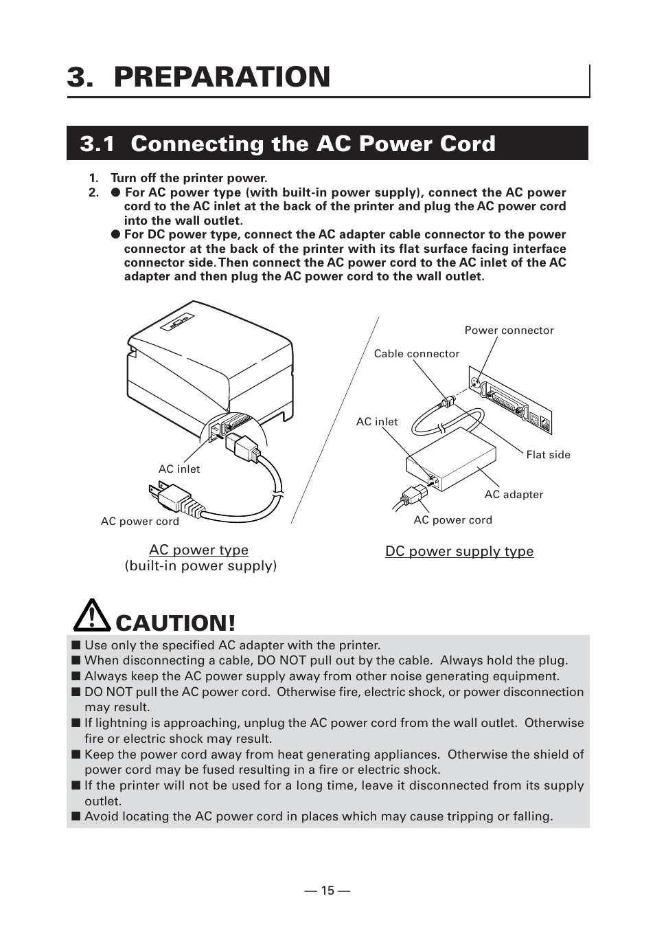 Preparation, 1 connecting the ac power cord, Caution | CITIZEN CT-S2000 User Manual | Page 18 / 36