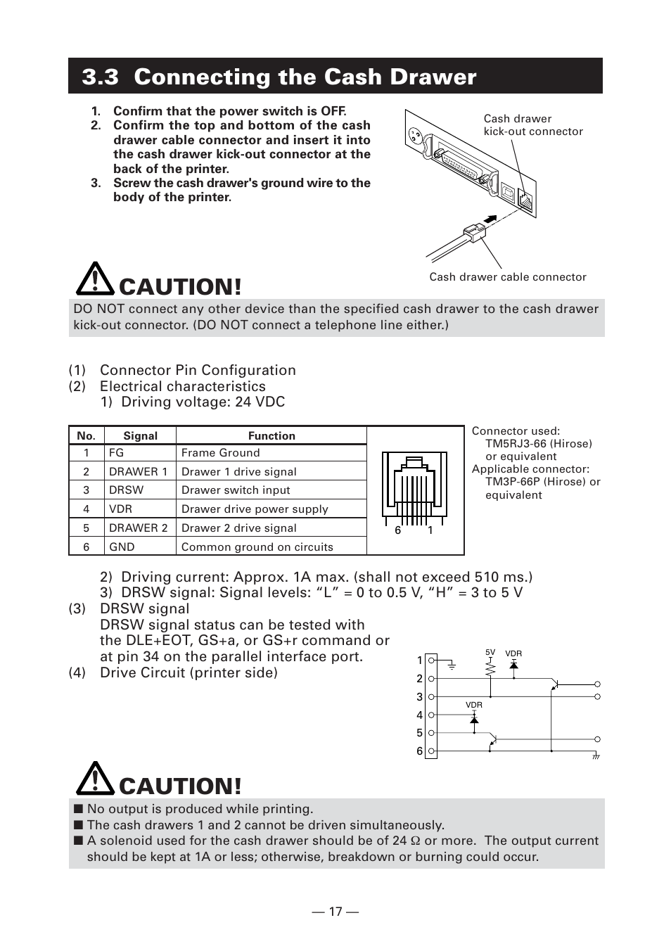 3 connecting the cash drawer, Caution | CITIZEN CT-S2000 User Manual | Page 20 / 36