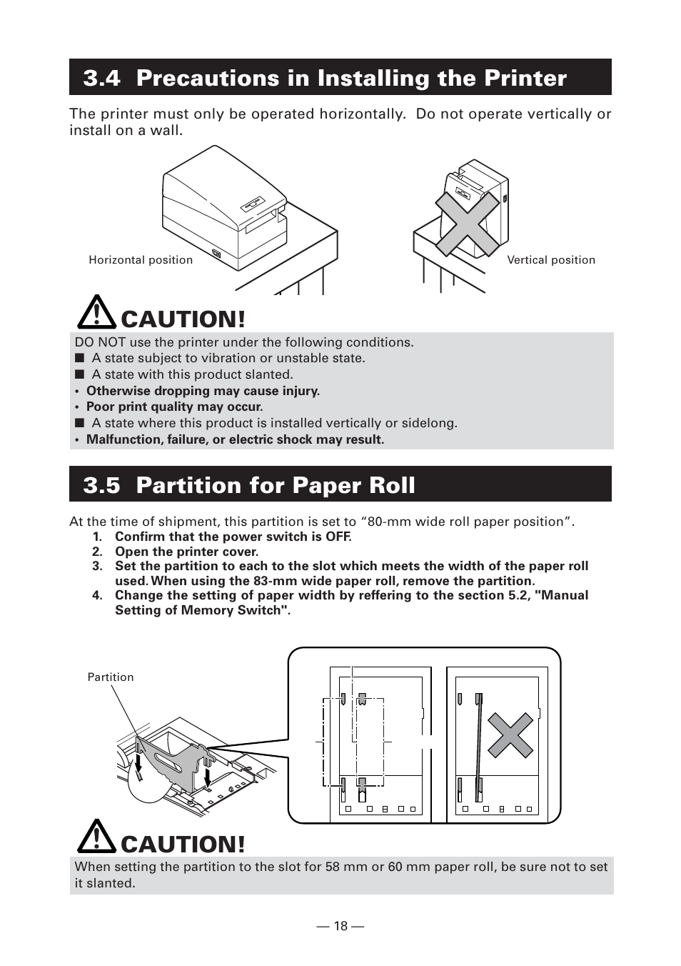 4 precautions in installing the printer, 5 partition for paper roll, Caution | CITIZEN CT-S2000 User Manual | Page 21 / 36