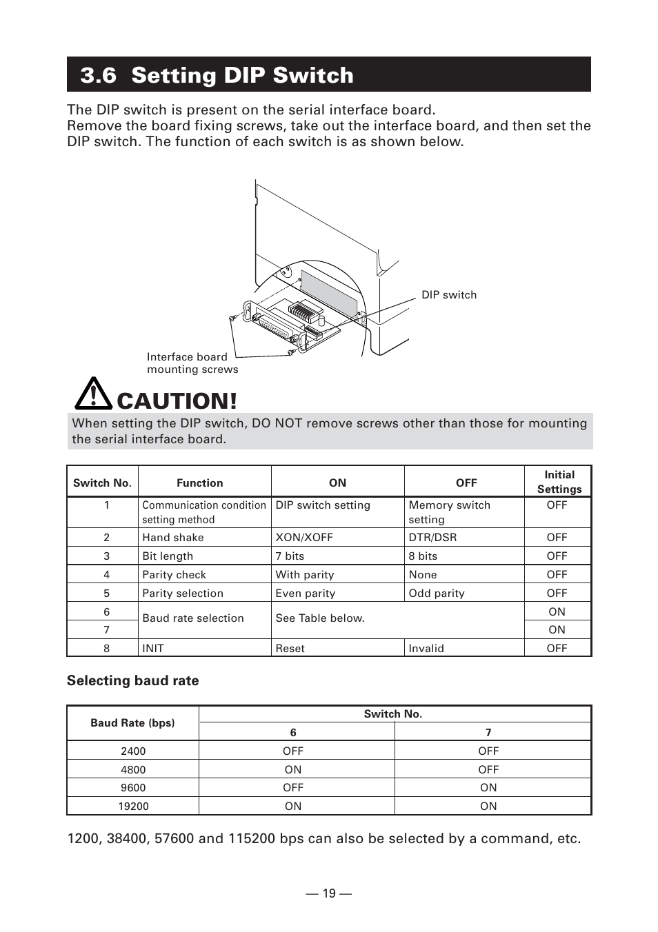 6 setting dip switch, Caution, Selecting baud rate | CITIZEN CT-S2000 User Manual | Page 22 / 36