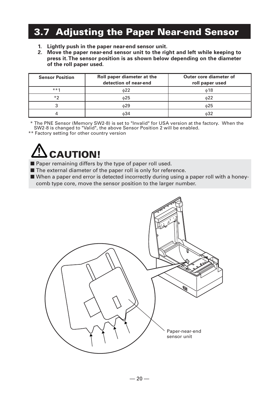 7 adjusting the paper near-end sensor, Caution | CITIZEN CT-S2000 User Manual | Page 23 / 36