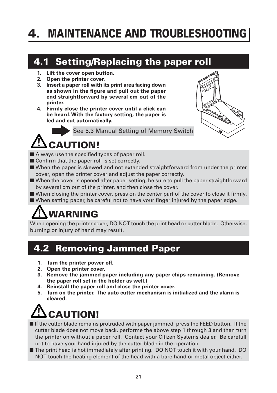 Maintenance and troubleshooting, 1 setting/replacing the paper roll, 2 removing jammed paper | 1 setting/replacing the paper roll caution, Warning, Caution | CITIZEN CT-S2000 User Manual | Page 24 / 36