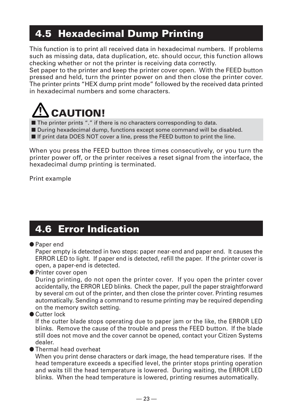 5 hexadecimal dump printing, 6 error indication, Caution | CITIZEN CT-S2000 User Manual | Page 26 / 36