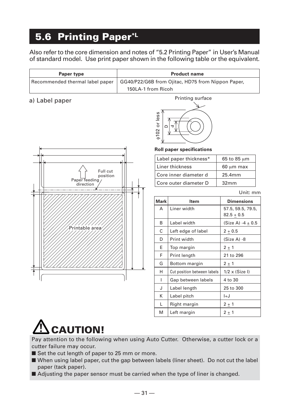 6 printing paper*l, 6 printing paper, Caution | A) label paper | CITIZEN CT-S2000 User Manual | Page 34 / 36