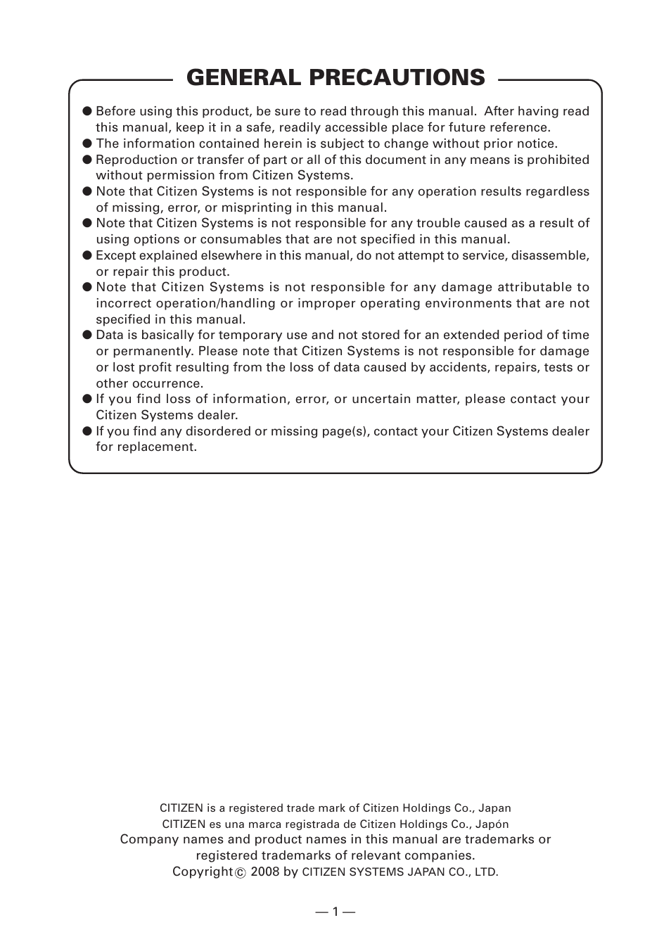 General precautions | CITIZEN CT-S2000 User Manual | Page 4 / 36