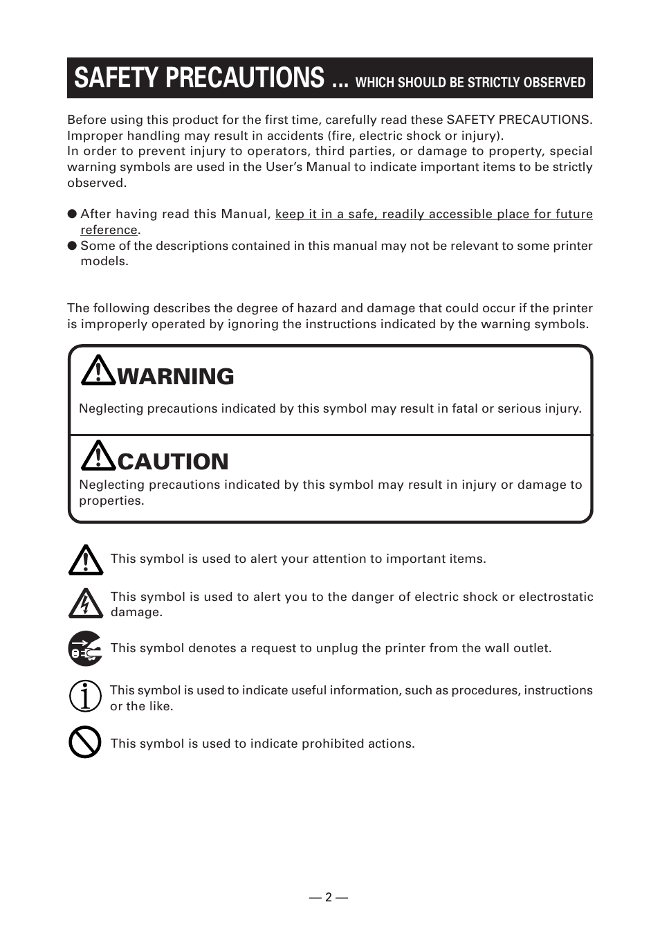 Safety precautions, Warning, Caution | CITIZEN CT-S2000 User Manual | Page 5 / 36