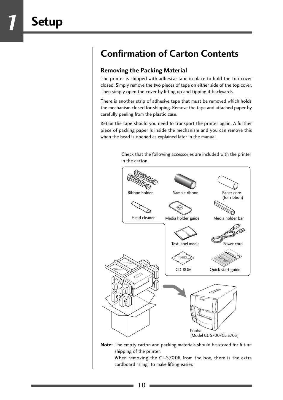 Setup, Confirmation of carton contents, Removing the packing material | CITIZEN CL-S700 User Manual | Page 10 / 80