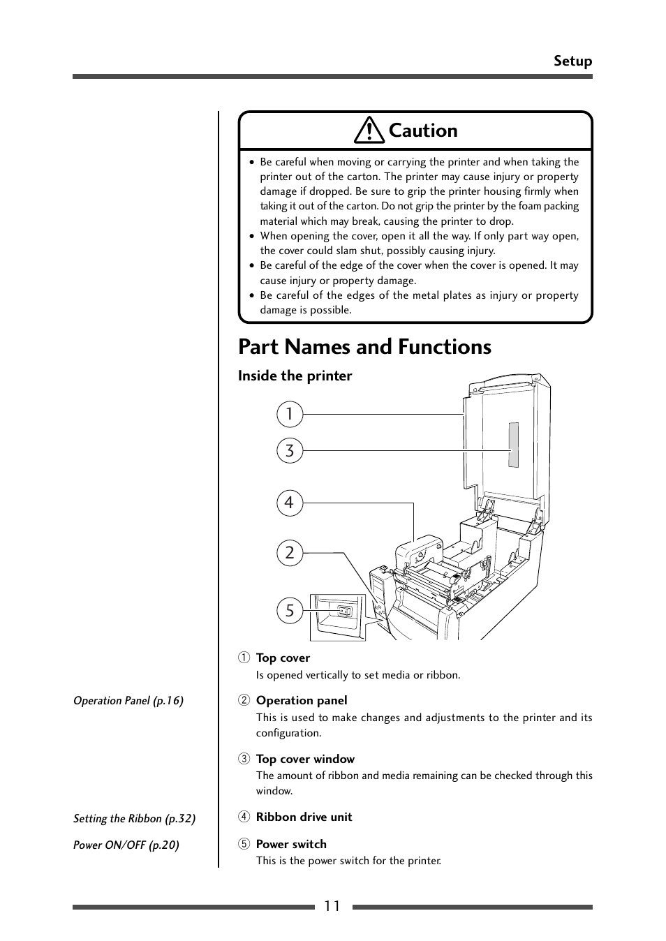 Part names and functions, Inside the printer, Caution | CITIZEN CL-S700 User Manual | Page 11 / 80