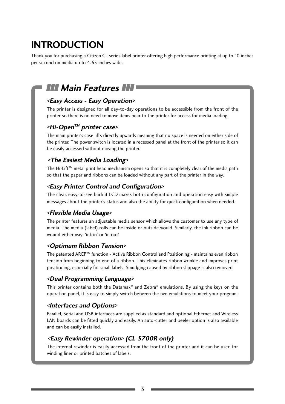 Before operation, Introduction, Main features | CITIZEN CL-S700 User Manual | Page 3 / 80