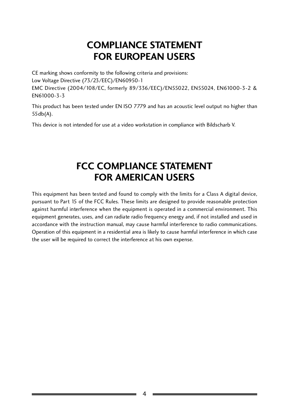 Compliance statementfor european users, Fcc compliance statementfor american users, Compliance statement for european users | Fcc compliance statement for american users | CITIZEN CL-S700 User Manual | Page 4 / 80