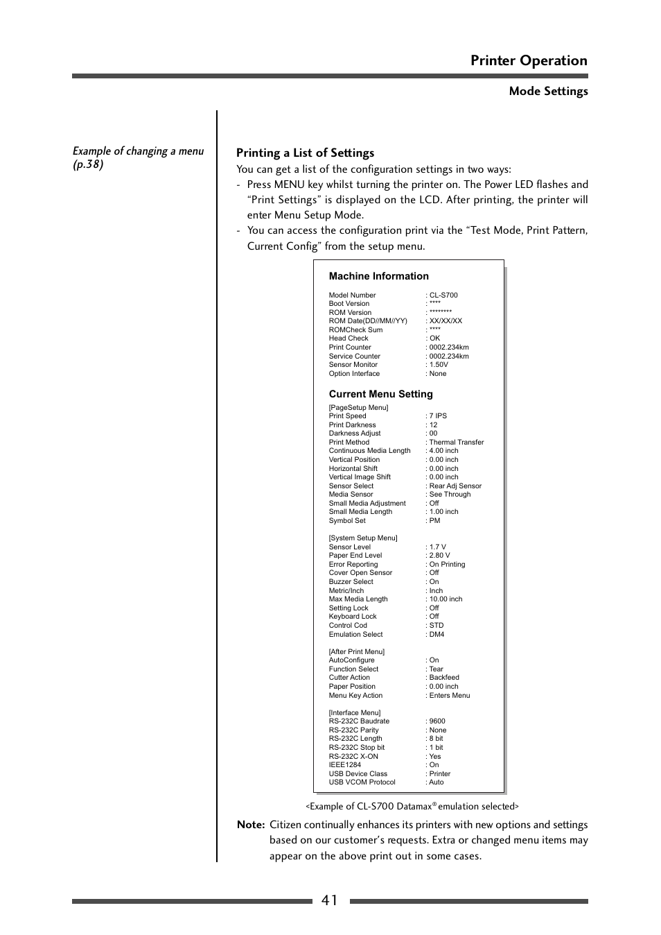 41 printer operation, Printing a list of settings, Mode settings | Example of changing a menu (p.38) | CITIZEN CL-S700 User Manual | Page 41 / 80