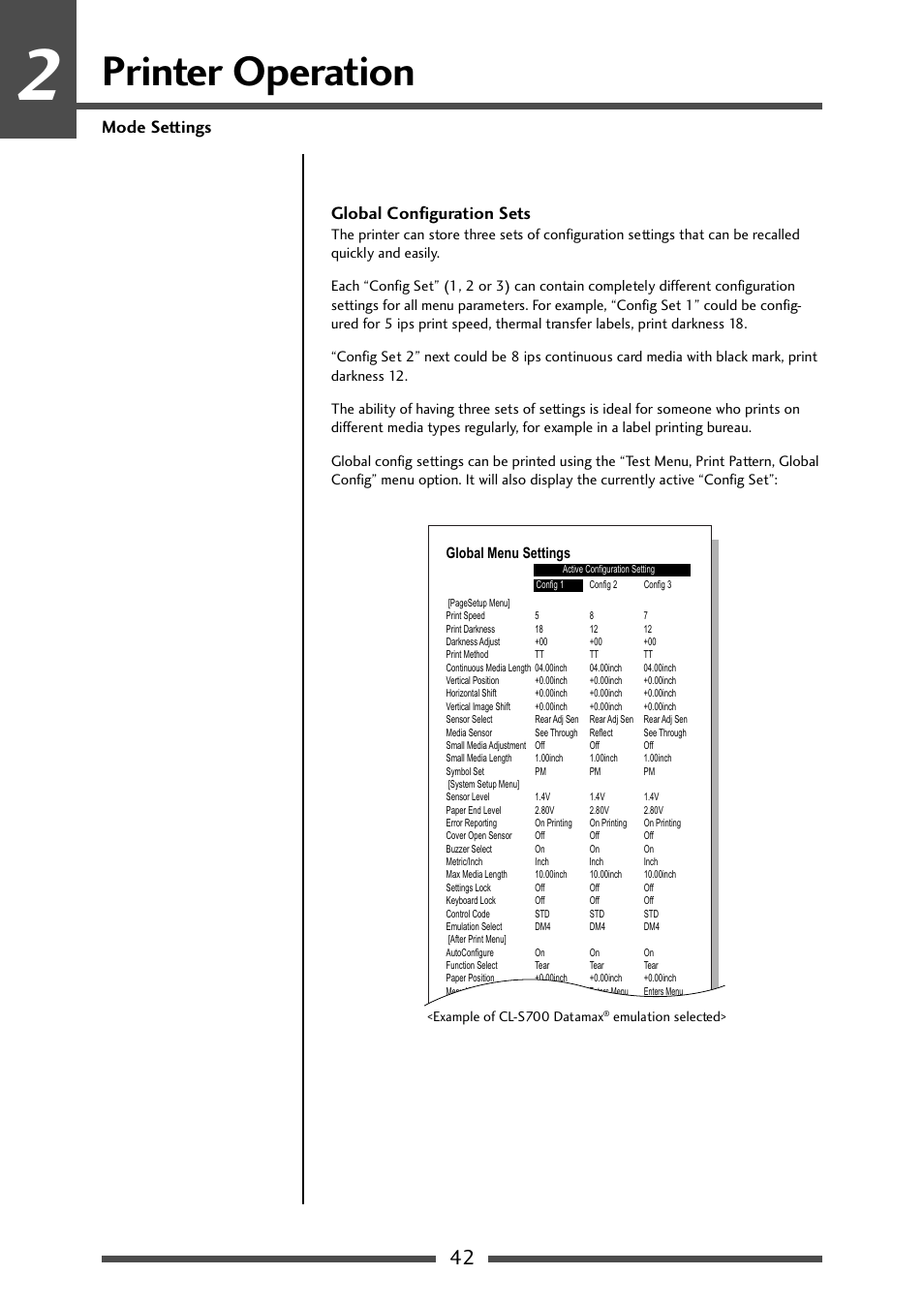 Printer operation, Mode settings global configuration sets | CITIZEN CL-S700 User Manual | Page 42 / 80