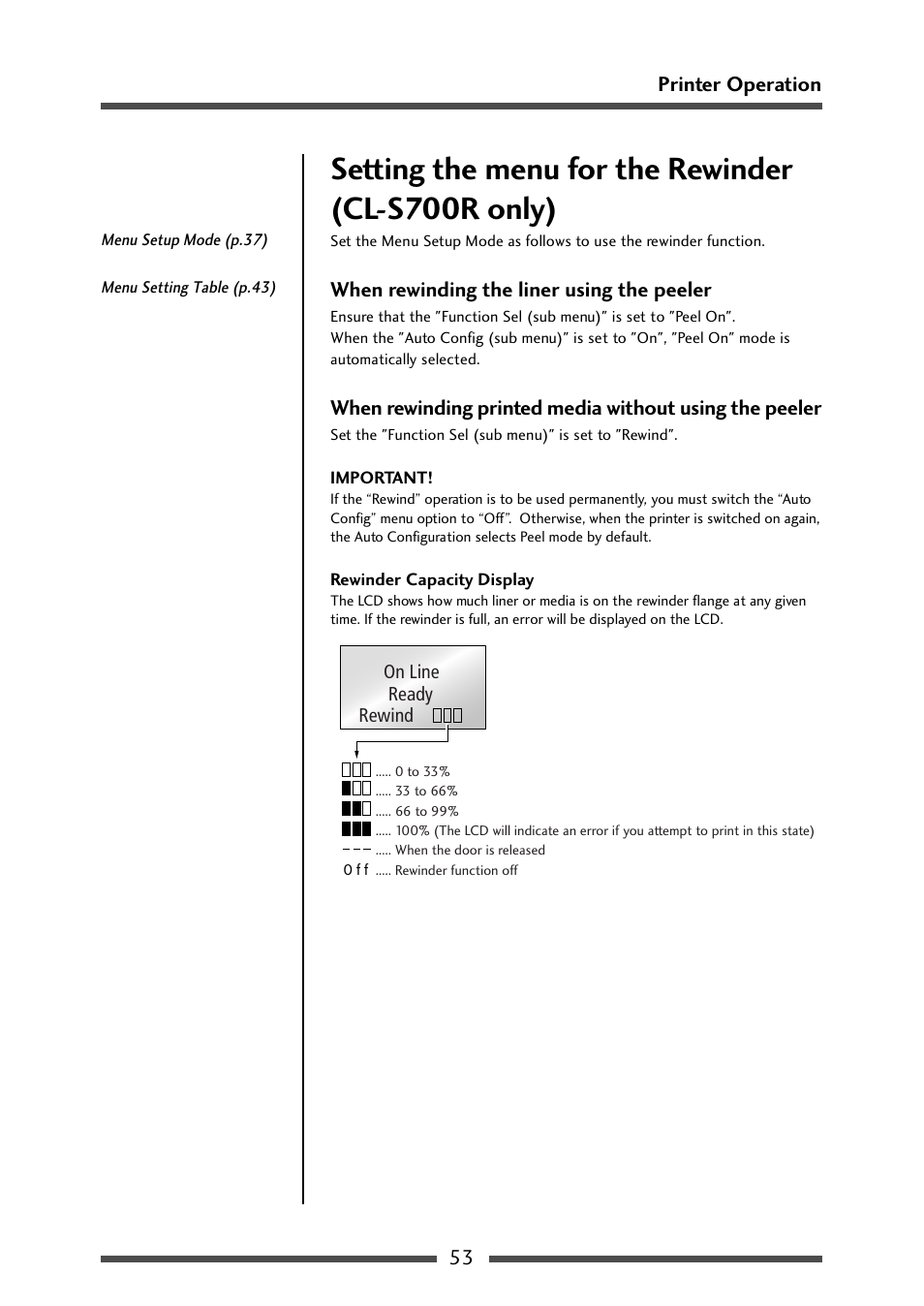 Setting the menu for the rewinder(cl-s700r only), Setting the menu for the rewinder (cl-s700r only) | CITIZEN CL-S700 User Manual | Page 53 / 80