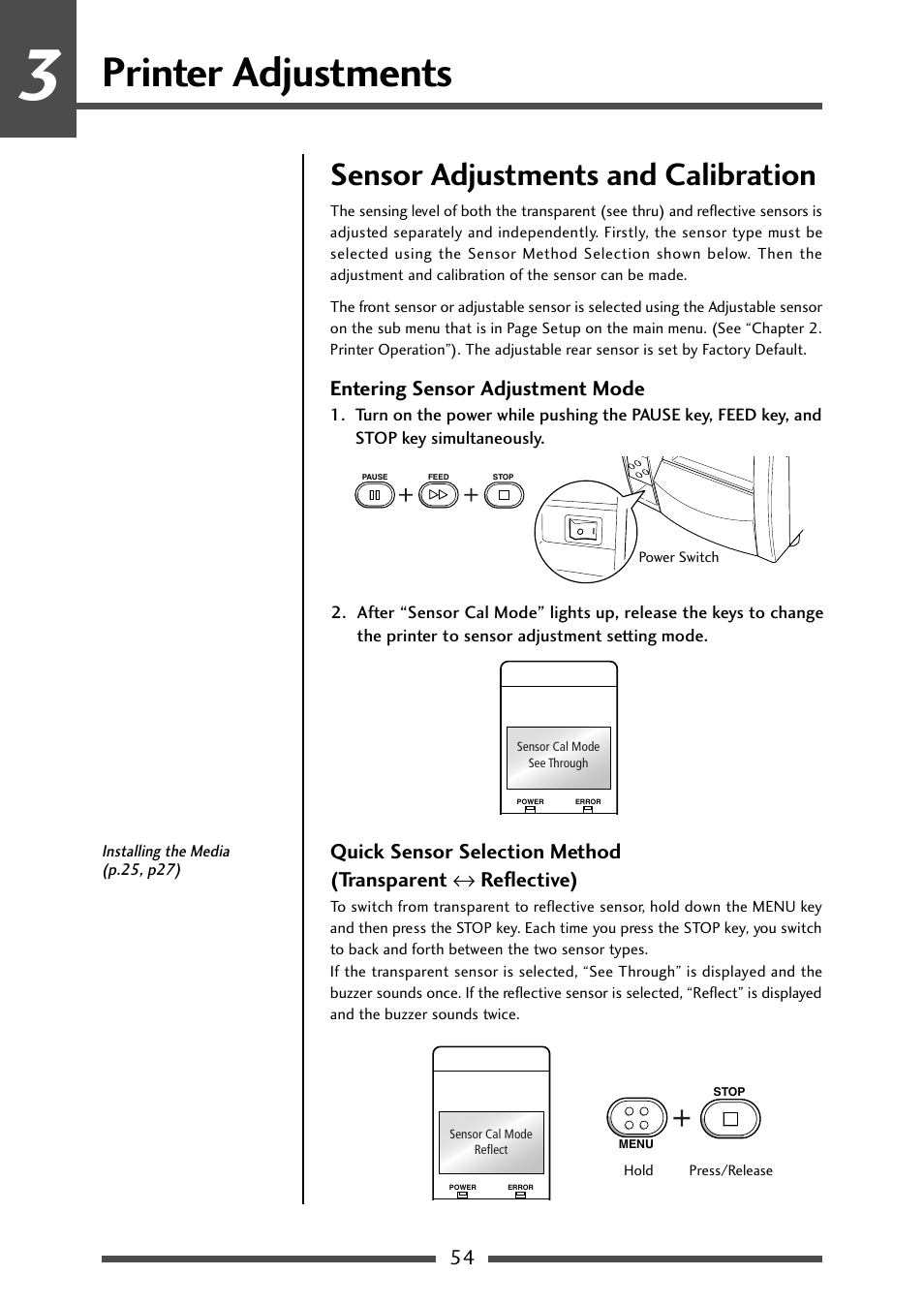 Printer adjustments, Sensor adjustments and calibration, Entering sensor adjustment mode | CITIZEN CL-S700 User Manual | Page 54 / 80