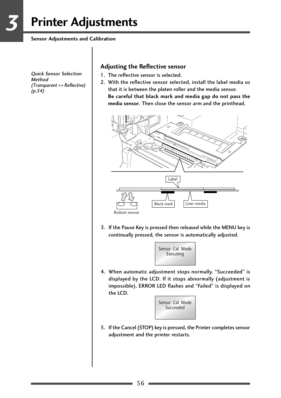 Adjusting the reflective sensor, Printer adjustments | CITIZEN CL-S700 User Manual | Page 56 / 80