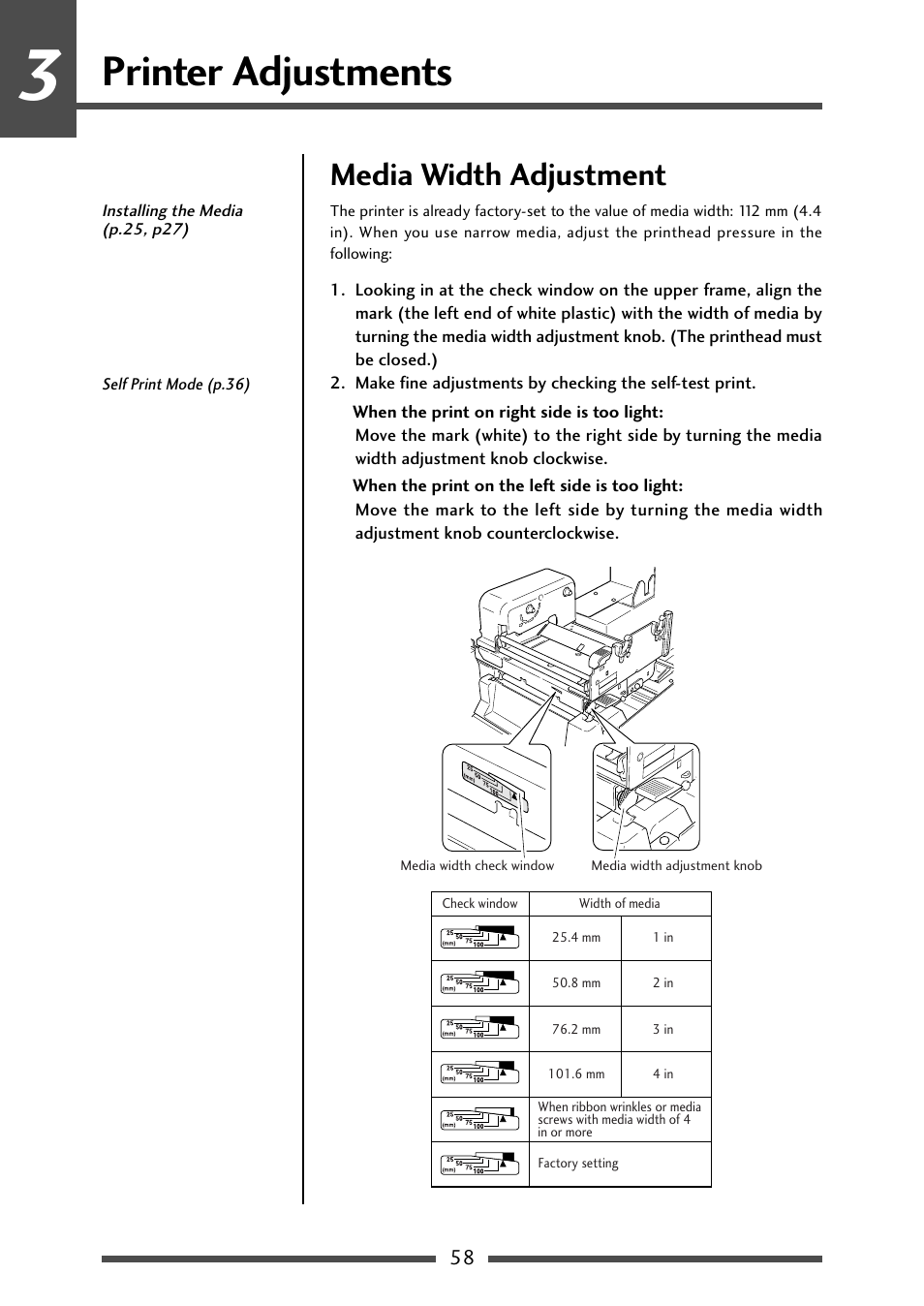 Media width adjustment, Printer adjustments | CITIZEN CL-S700 User Manual | Page 58 / 80