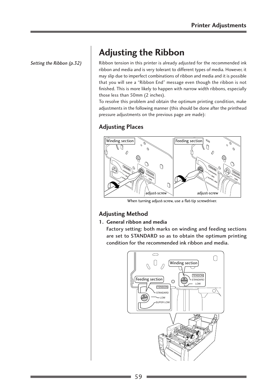 Adjusting the ribbon, Adjusting places, Adjusting method | 59 printer adjustments, Adjusting places adjusting method | CITIZEN CL-S700 User Manual | Page 59 / 80
