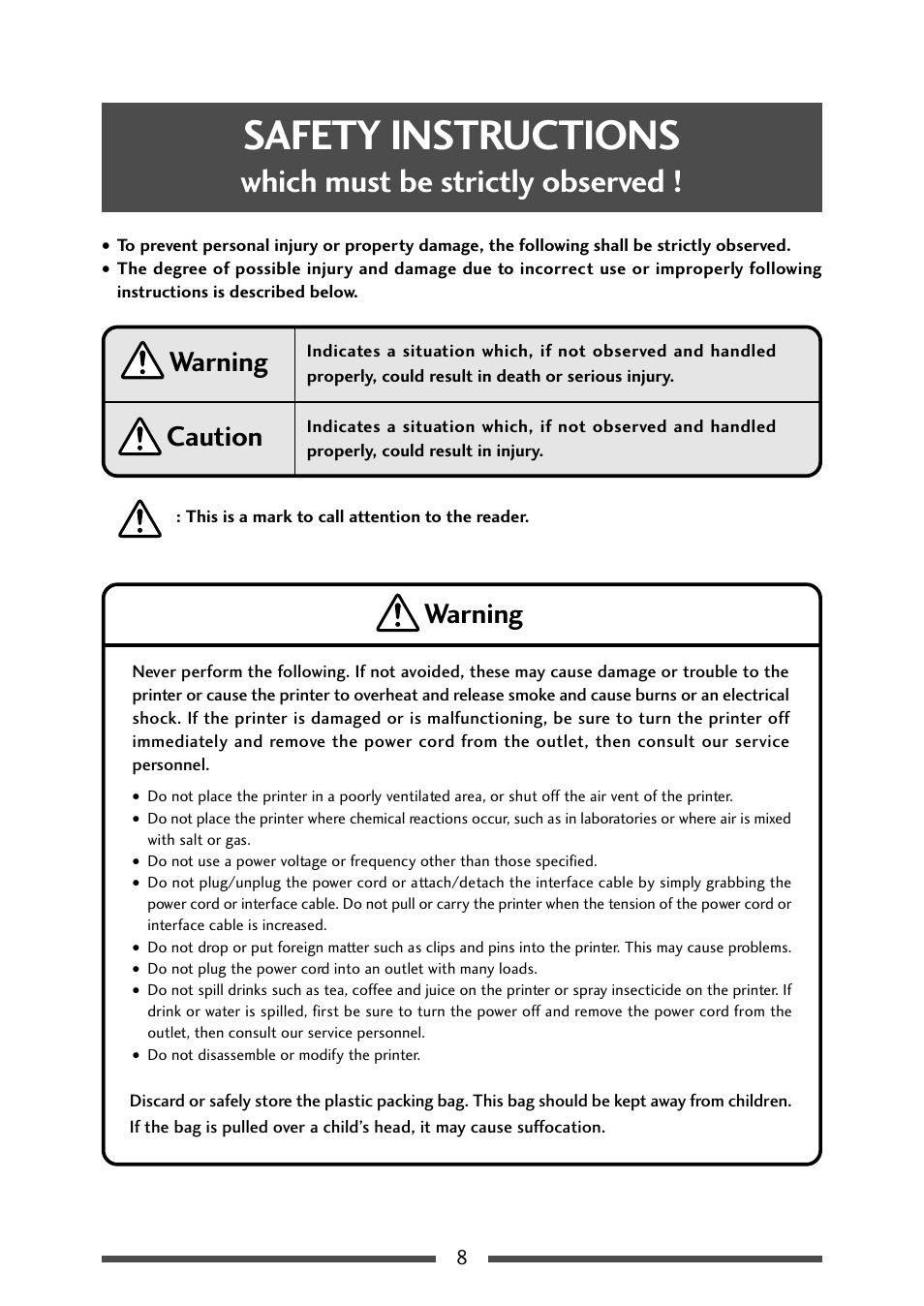 Safety instructions, Which must be strictly observed, Caution | Warning | CITIZEN CL-S700 User Manual | Page 8 / 80