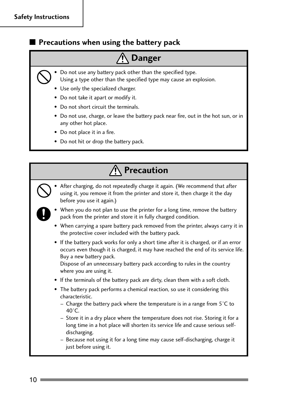 Precautions when using the battery pack, Precaution, Danger | CITIZEN PD-24 User Manual | Page 10 / 56