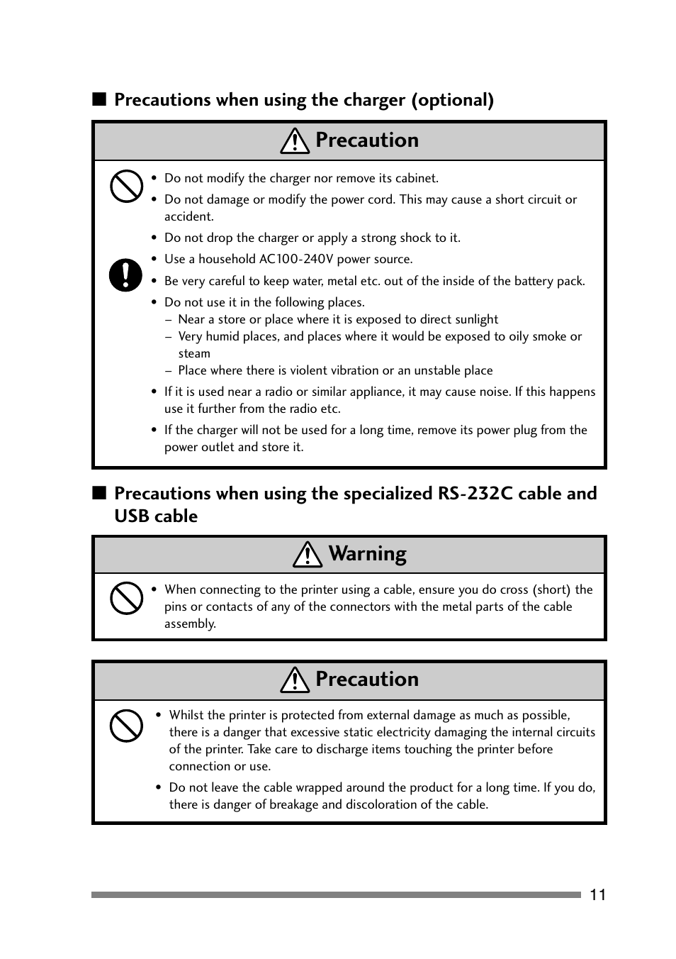 Precautions when using the charger (optional), Precaution, Warning | CITIZEN PD-24 User Manual | Page 11 / 56