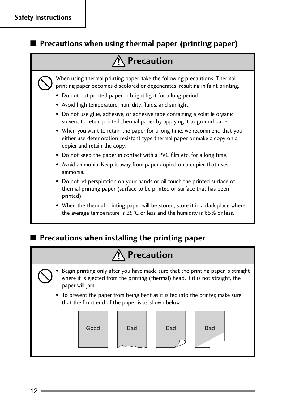 Precautions when installing the printing paper, Precaution | CITIZEN PD-24 User Manual | Page 12 / 56