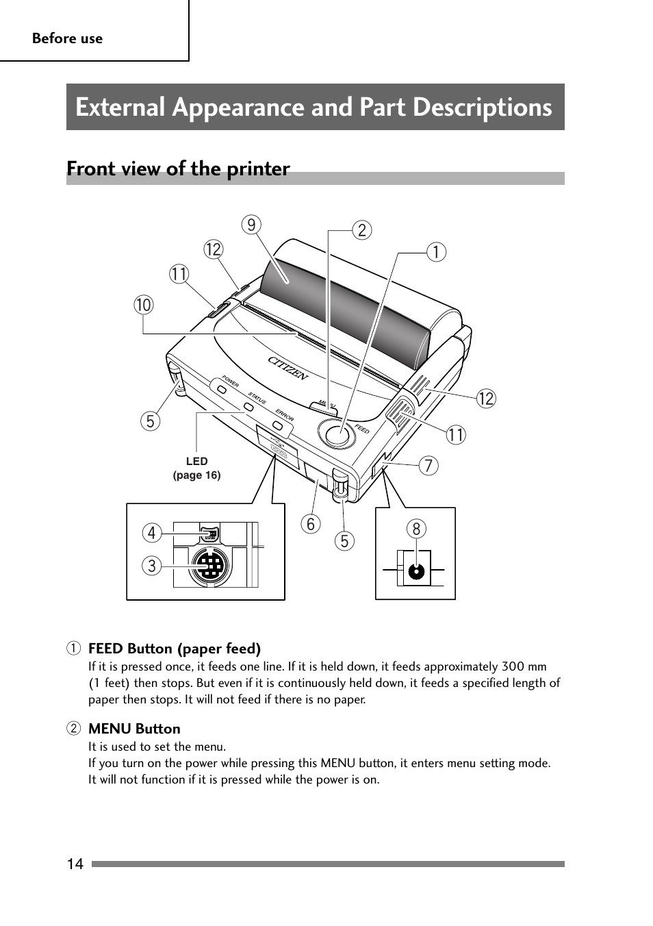 External appearance and part descriptions, Front view of the printer | CITIZEN PD-24 User Manual | Page 14 / 56