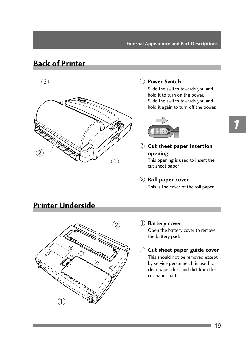 Back of printer, Printer underside, Back of printer printer underside | Back of printer 1 2 3 | CITIZEN PD-24 User Manual | Page 19 / 56