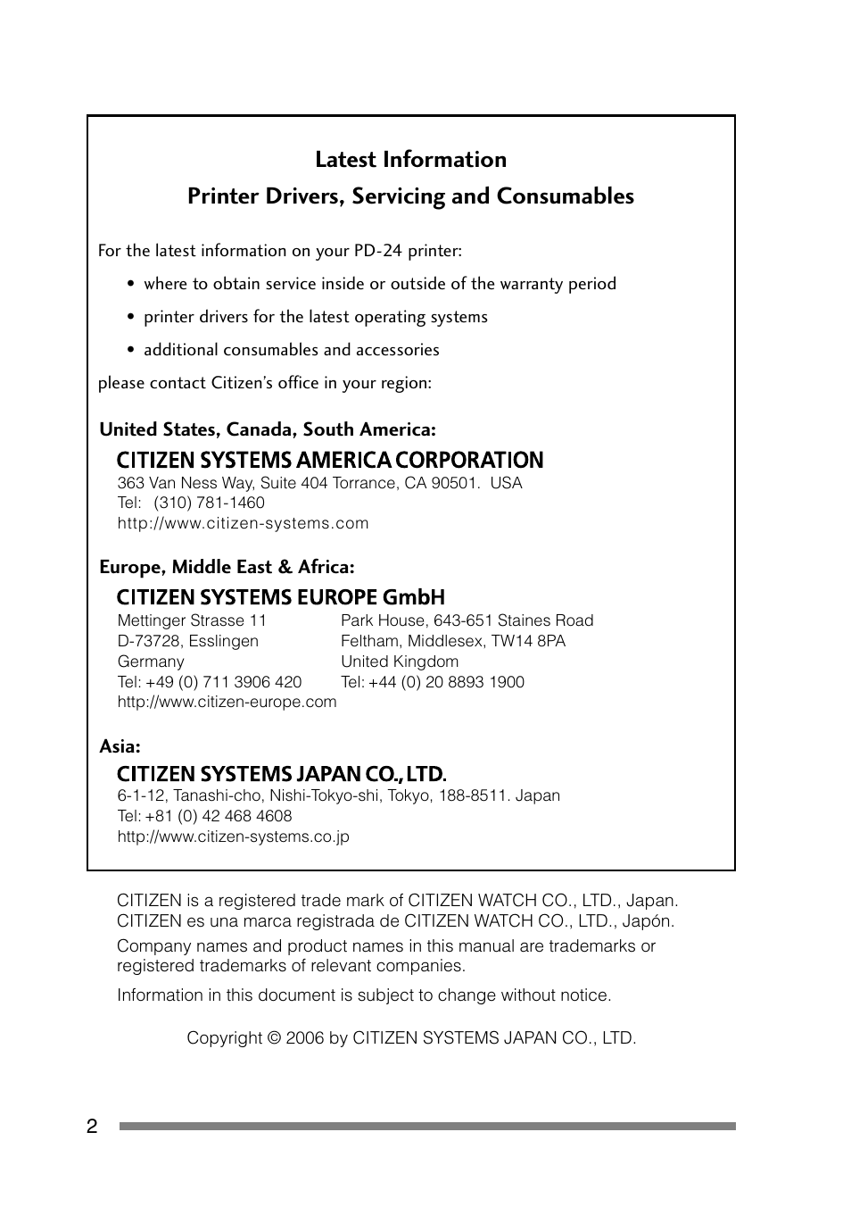 Latest information | CITIZEN PD-24 User Manual | Page 2 / 56