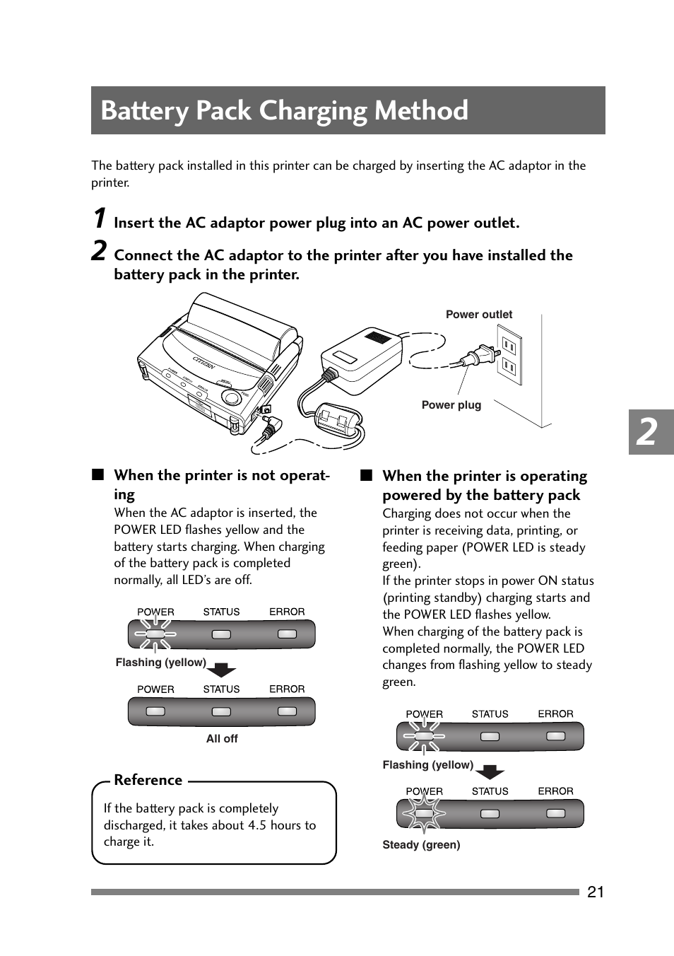 Battery pack charging method | CITIZEN PD-24 User Manual | Page 21 / 56