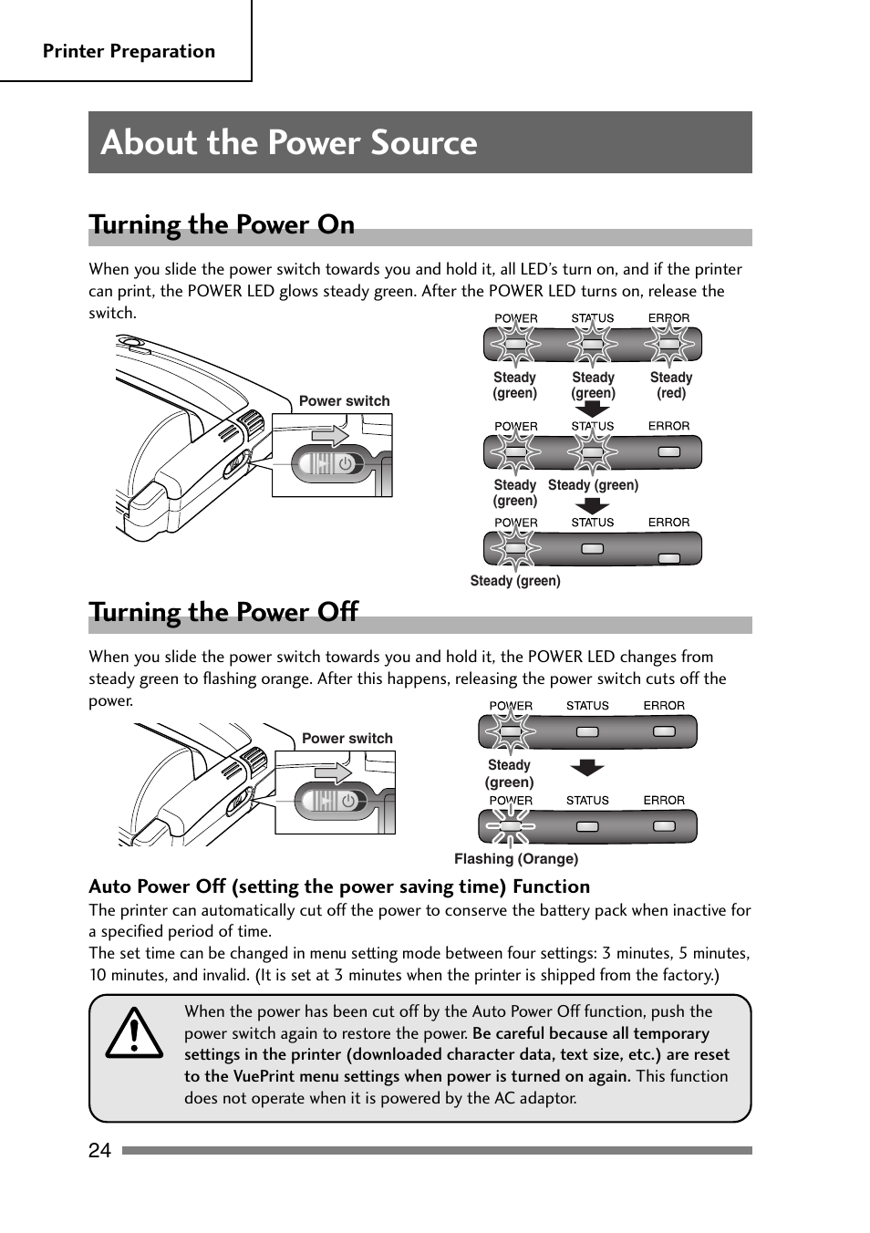 About the power source, Turning the power on, Turning the power off | Turning the power on turning the power off | CITIZEN PD-24 User Manual | Page 24 / 56