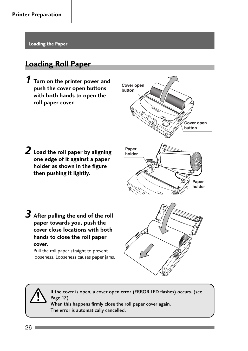 Loading roll paper | CITIZEN PD-24 User Manual | Page 26 / 56